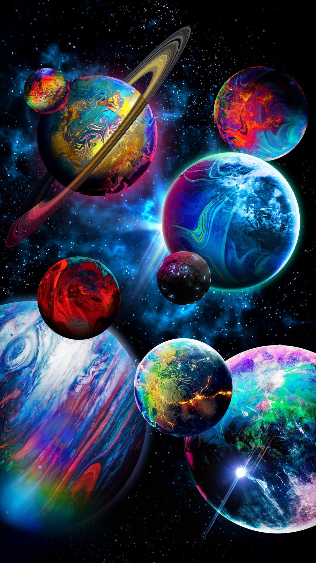 Luminous planets and swirling gas nebulae illuminate a star-filled galaxy within a deep space cosmic landscape.