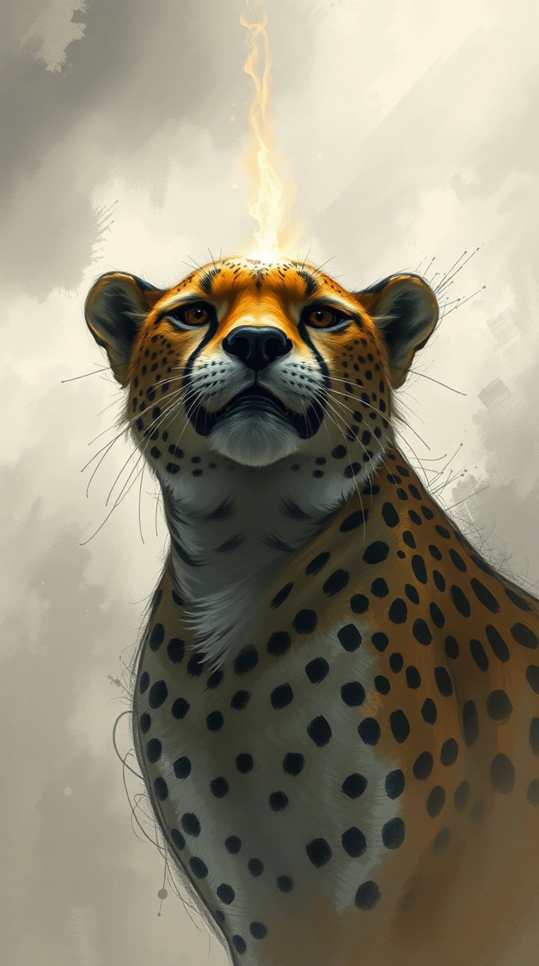 Cheetah with a burning flame on its forehead looks upward against a cloudy sky in a vertical animal portrait.