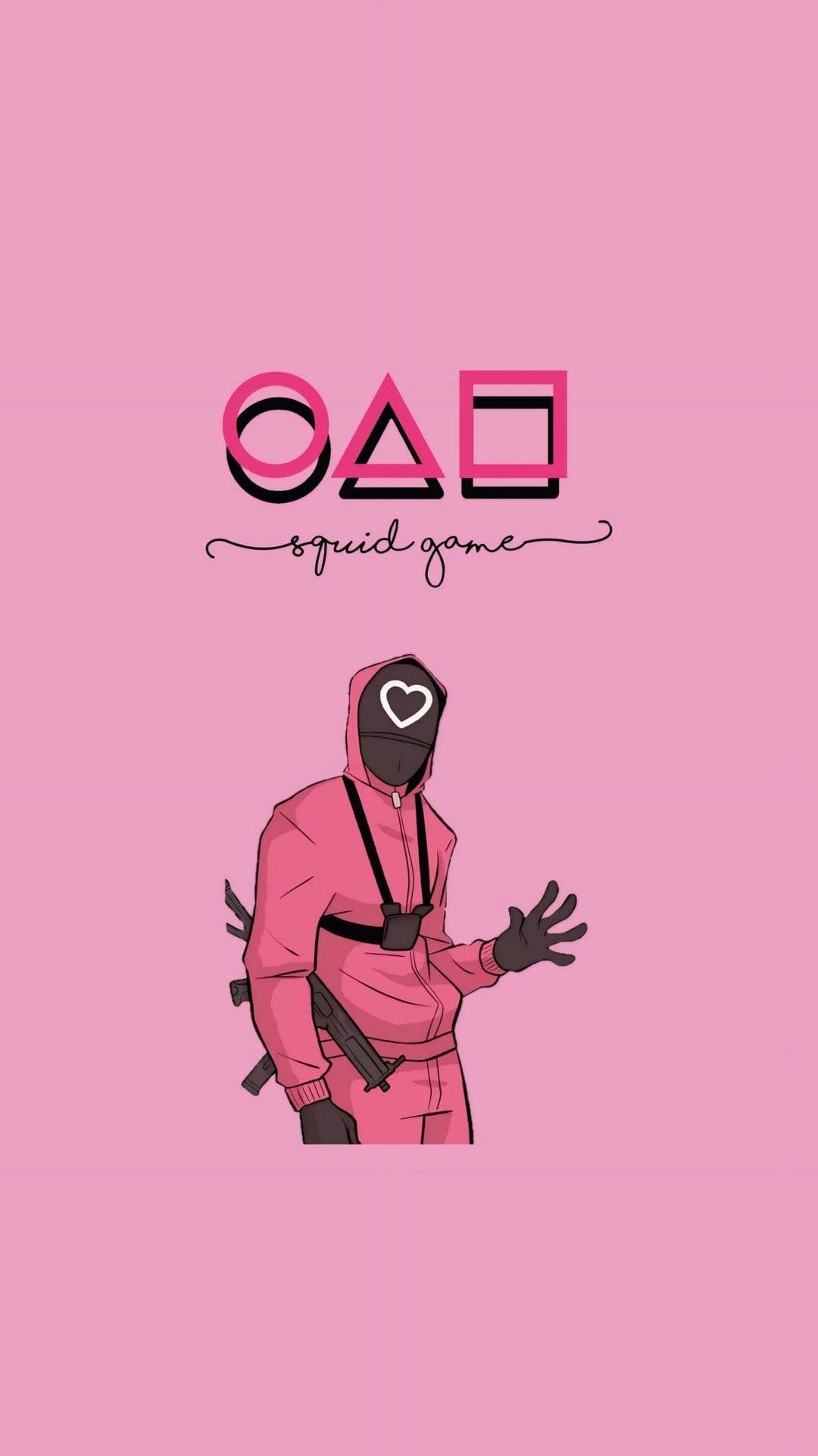 Masked guard in a pink jumpsuit holds a rifle under floating geometric symbols and a cursive series logo.