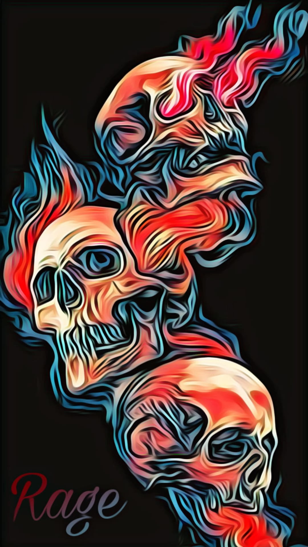 Three flaming skulls with glowing blue eyes and orange fire below stylized Rage text on a black background.