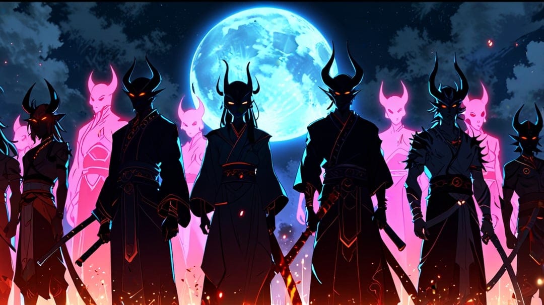 Oni samurai with glowing red eyes and curved horns stand silhouetted against a massive bright blue full moon.