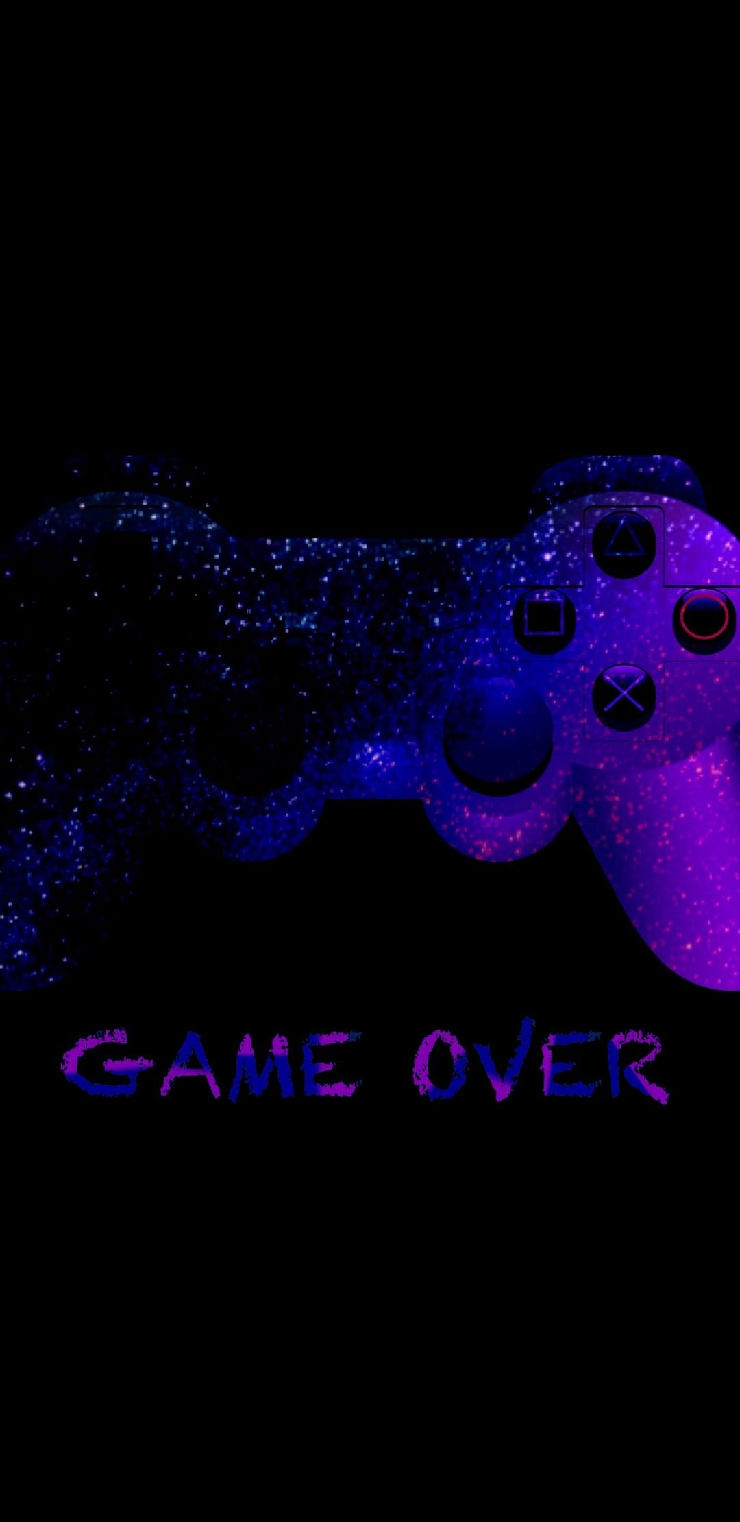 Gaming controller dissolving into a purple nebula with glowing game over text on a black background.