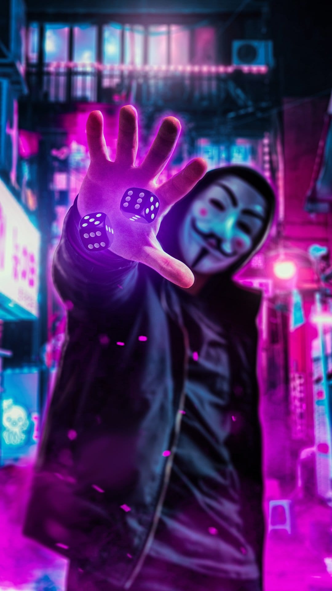 Masked figure holding two dice in front of a blurred purple and blue neon city skyline during the night.