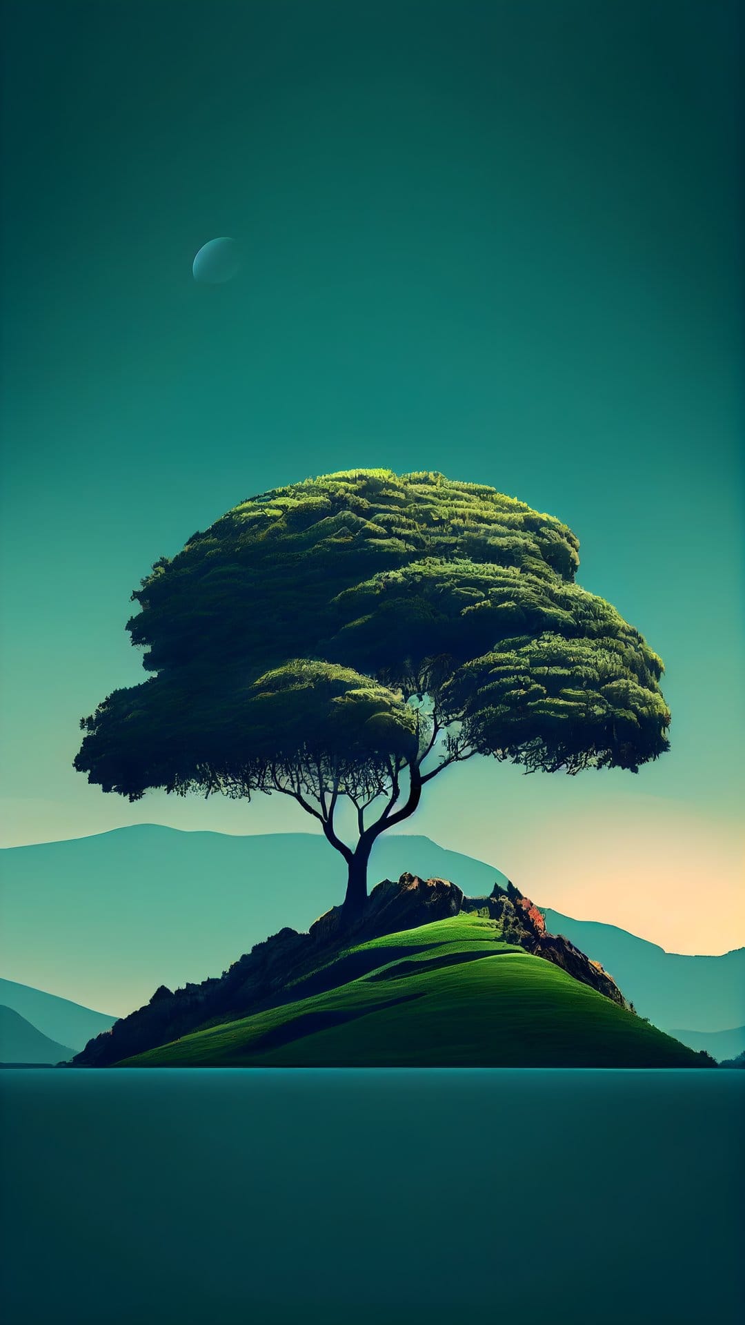 Solitary tree on a grassy island overlooking calm water and blue hills under a teal sky and crescent moon.
