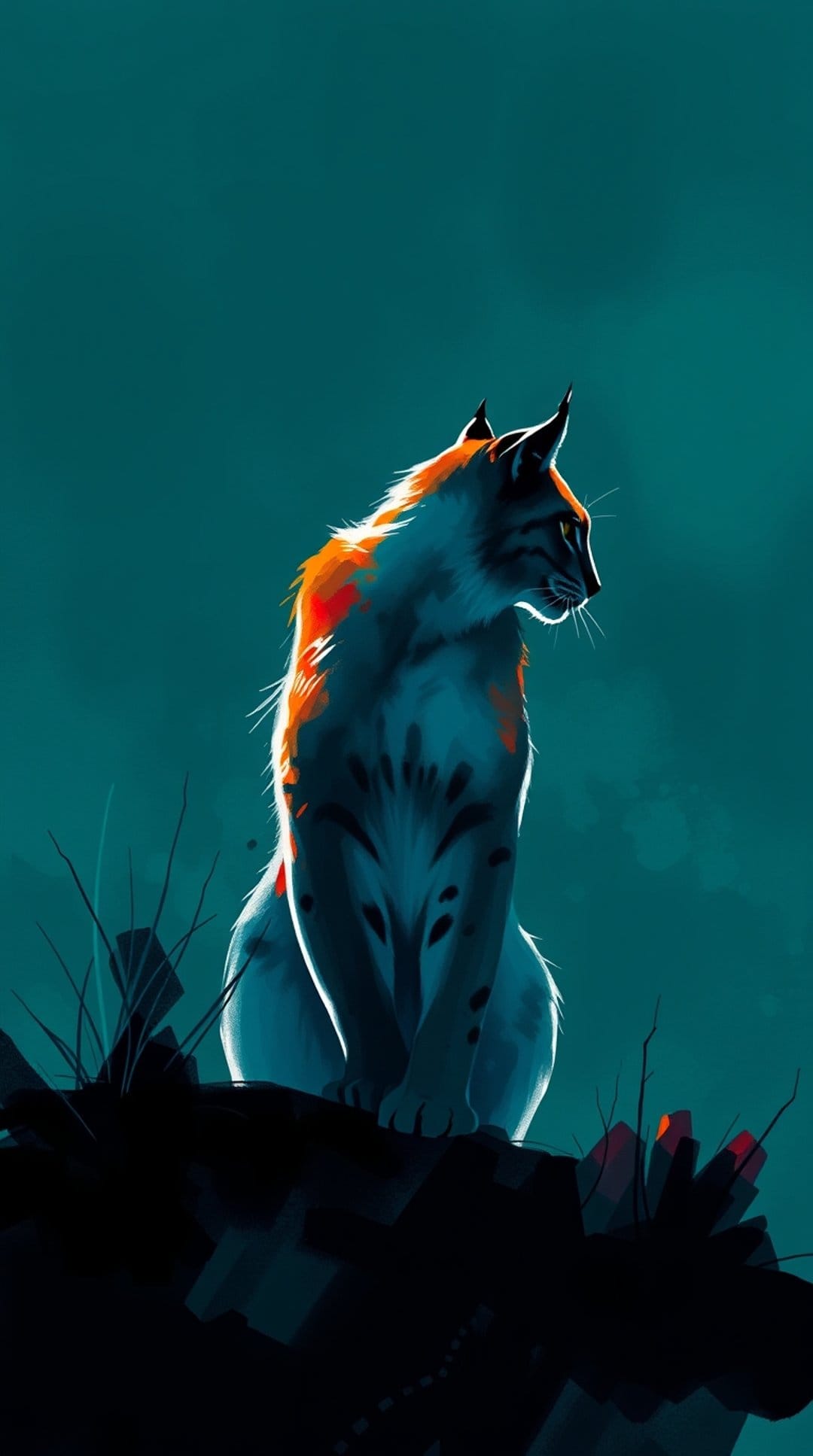 Lynx with pointed ears perches on a dark rock, illuminated by striking teal and orange light against a dim backdrop.