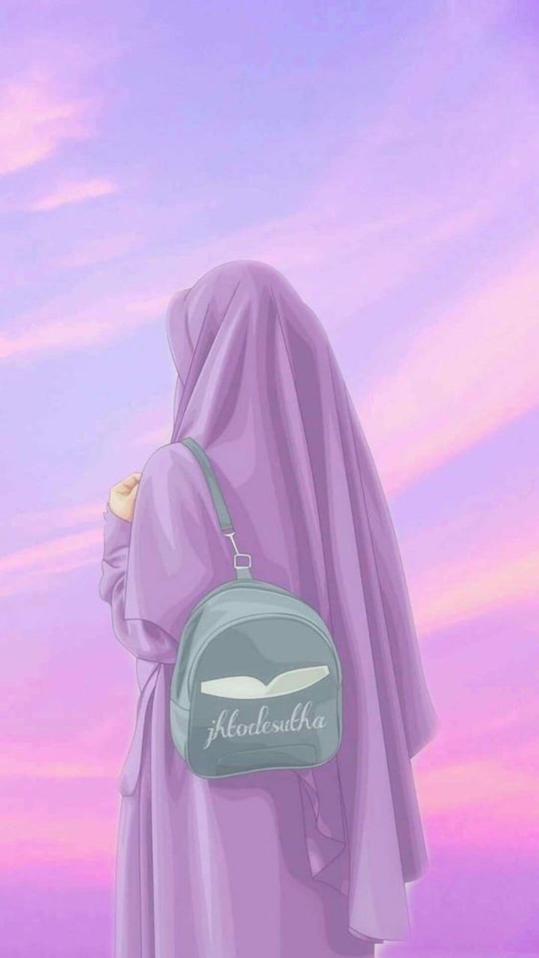 Young woman in a purple hijab wearing a light blue backpack against a pink and lavender pastel sky.