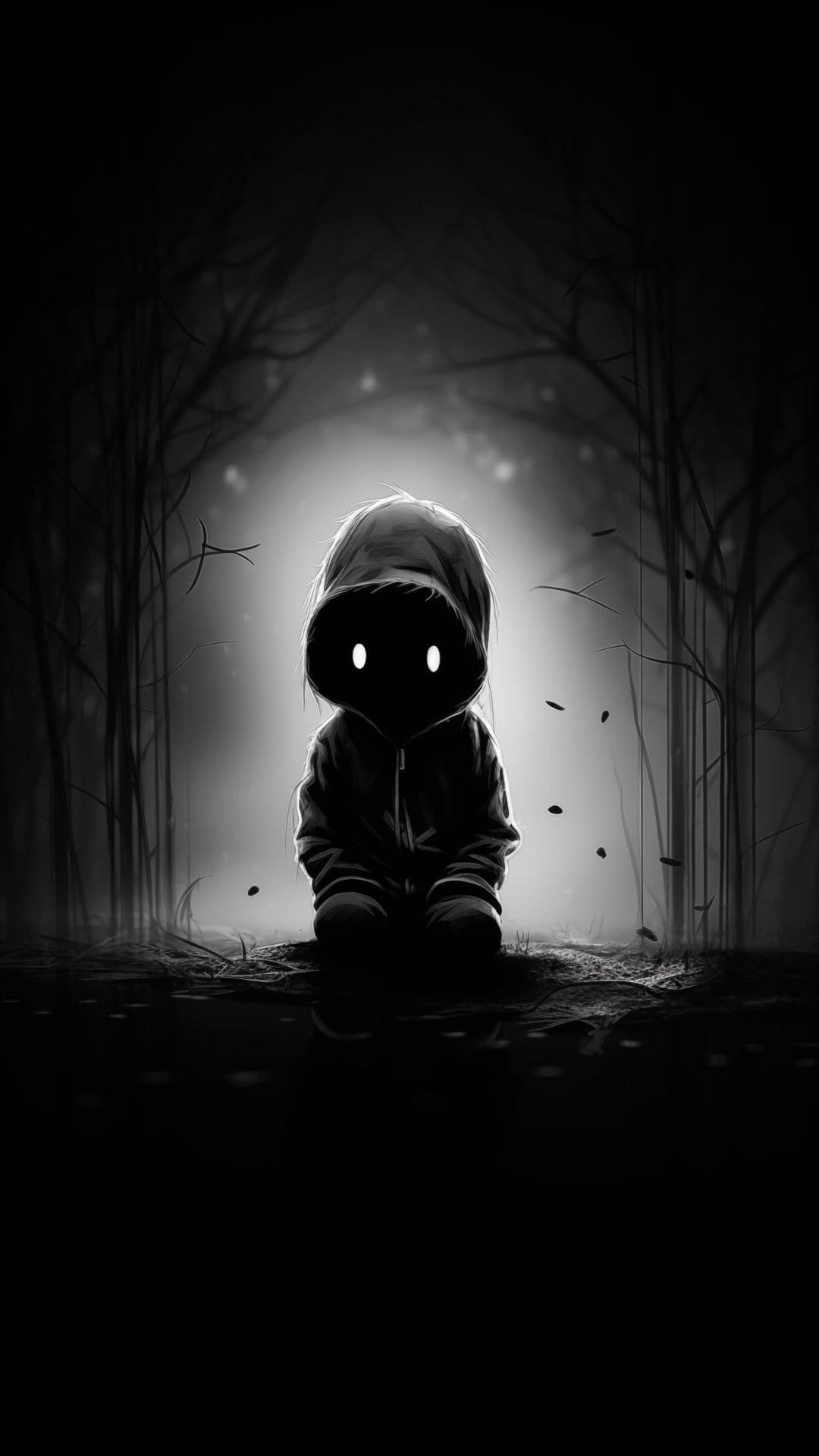 Hooded child with glowing eyes sits alone among bare trees in a dark, monochrome forest landscape.
