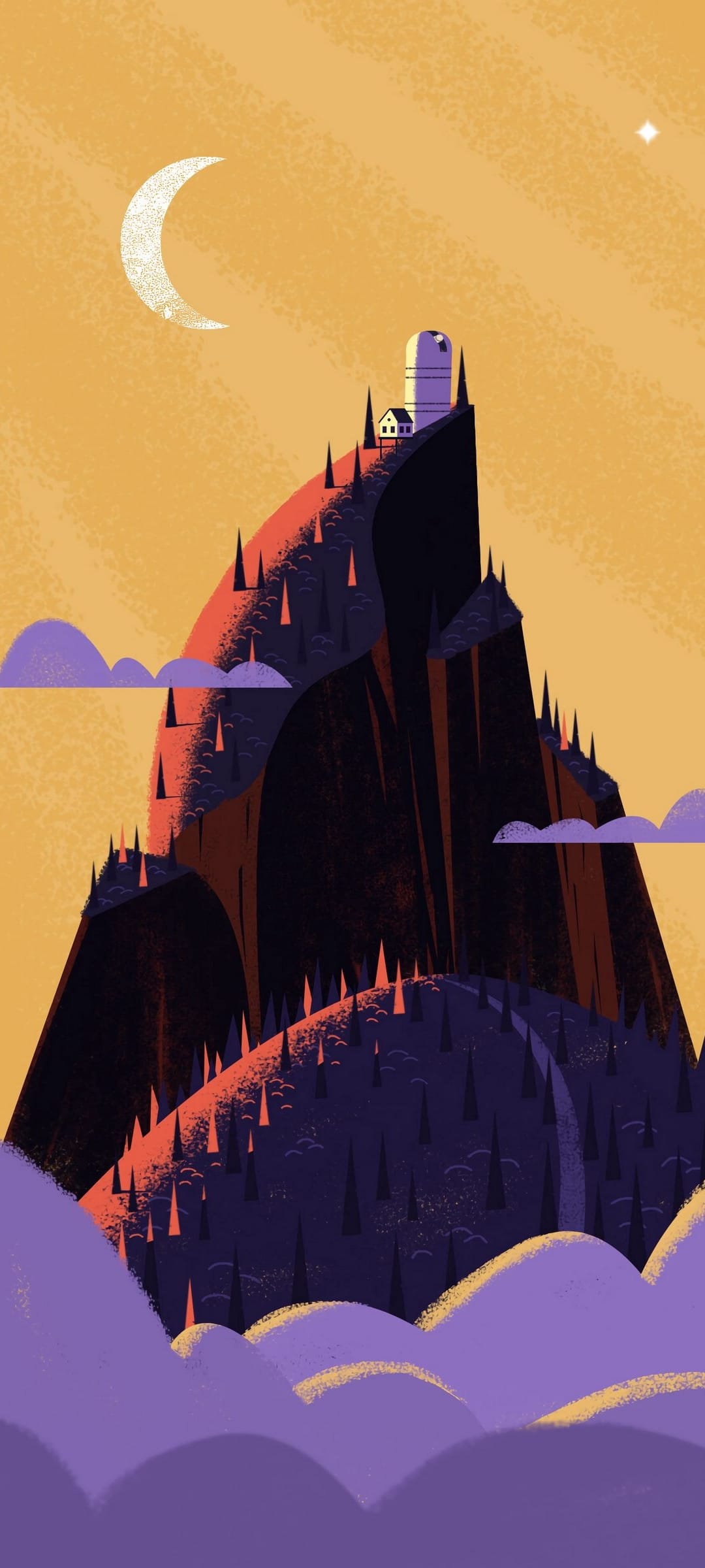 Mountain observatory and house sit on a peak under a large crescent moon and orange sky with dark pine trees.
