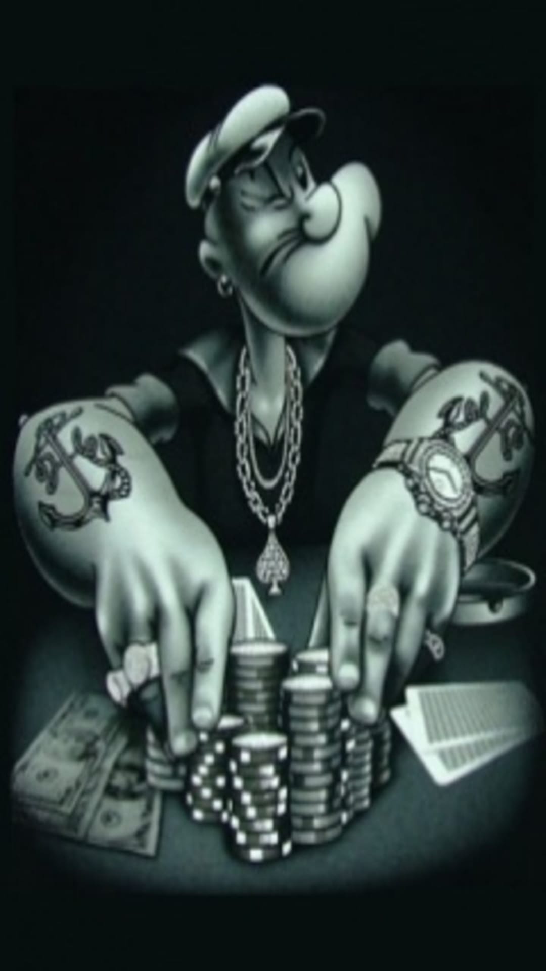 Popeye the Sailor wearing gold chains and tattoos while playing poker at a table with cash and gambling chips.