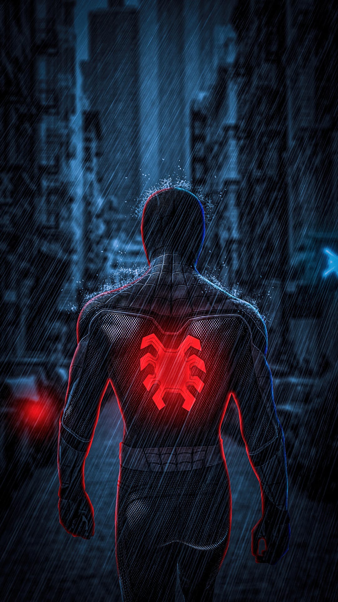 Spider-Man stands in a rainy city at night, showcasing a glowing red spider emblem on his back amidst neon lights.