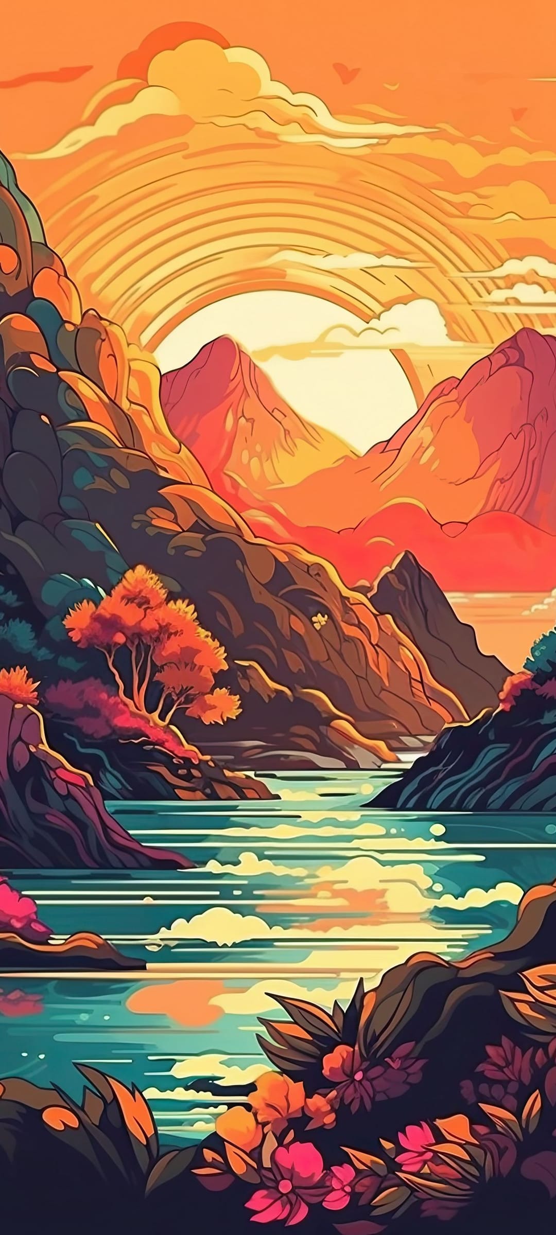 Rugged mountain peaks silhouetted against a glowing orange sun reflecting in a calm river with autumn trees.