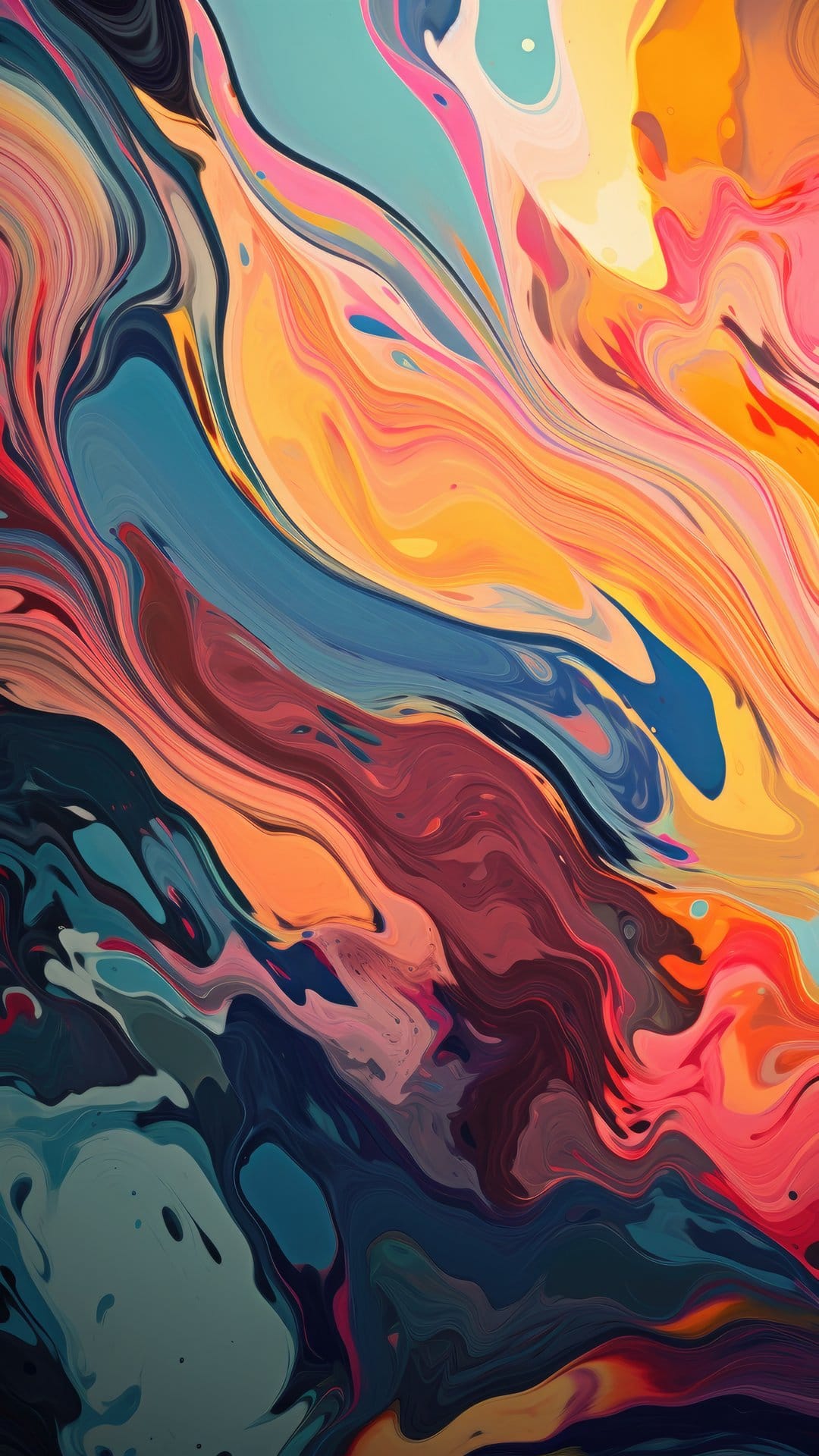 Teal and orange paint swirls intermingle with yellow ribbons in a fluid, marbled pattern of liquid textures.