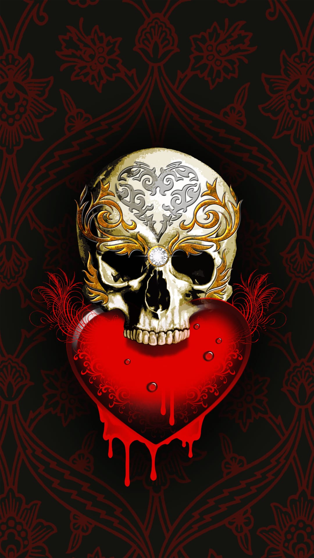 Silver filigree skull with a diamond third eye above a dripping red heart against a dark floral tapestry.