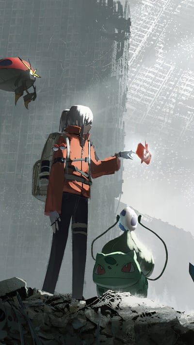 bulbasaur,pokemon,artist,artwork,digital art,anime,Pokémon, post-apocalyptic, trainer, fan art, Bulbasaur, Goldeen, Ledian, dystopian, anime, game art, digital art, illustration, concept art, futuristic, ruined city, survival, character design, fantasy, unique Pokémon art, dark Pokémon
