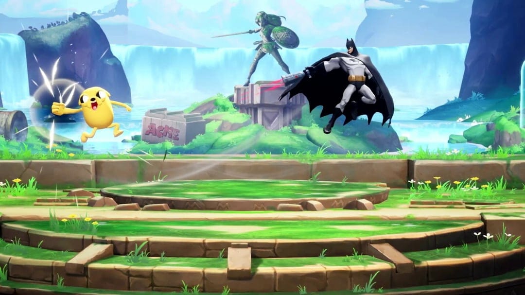 Batman and Jake the Dog fighting on a floating grassy platform in front of a massive blue waterfall.