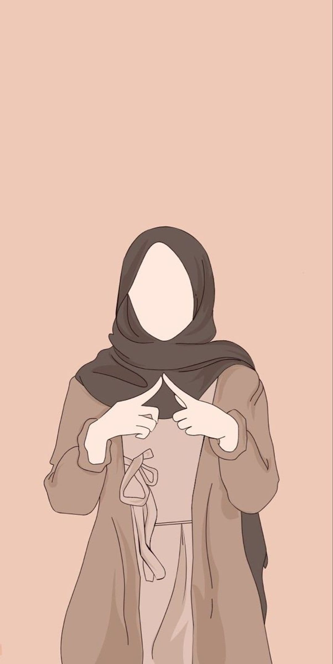 Faceless Muslim woman in a brown hijab and beige coat standing against a solid peach-colored background.