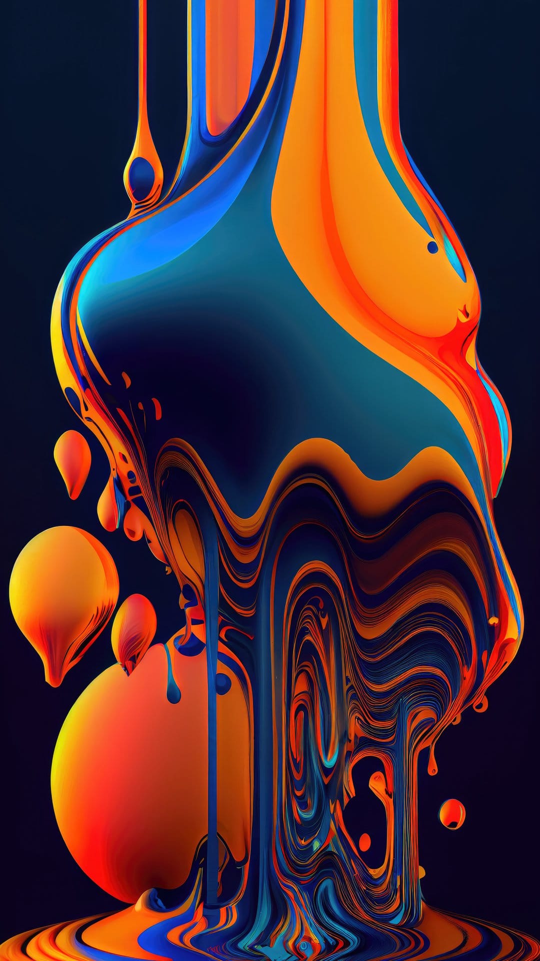Luminous orange and blue paint swirls with suspended liquid droplets against a dark, shadowy background.