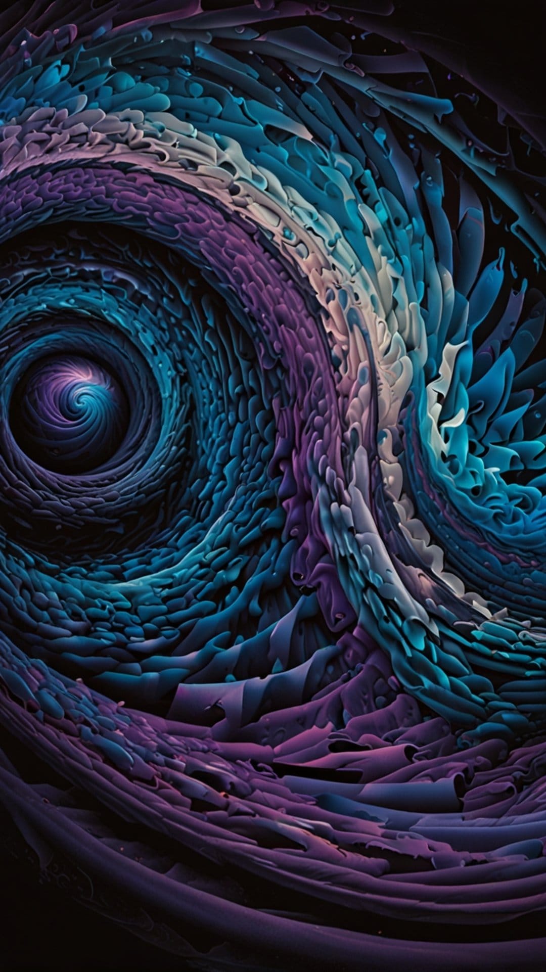 Swirling blue and purple liquid vortex with intricate textures and glowing highlights in a centered spiral.