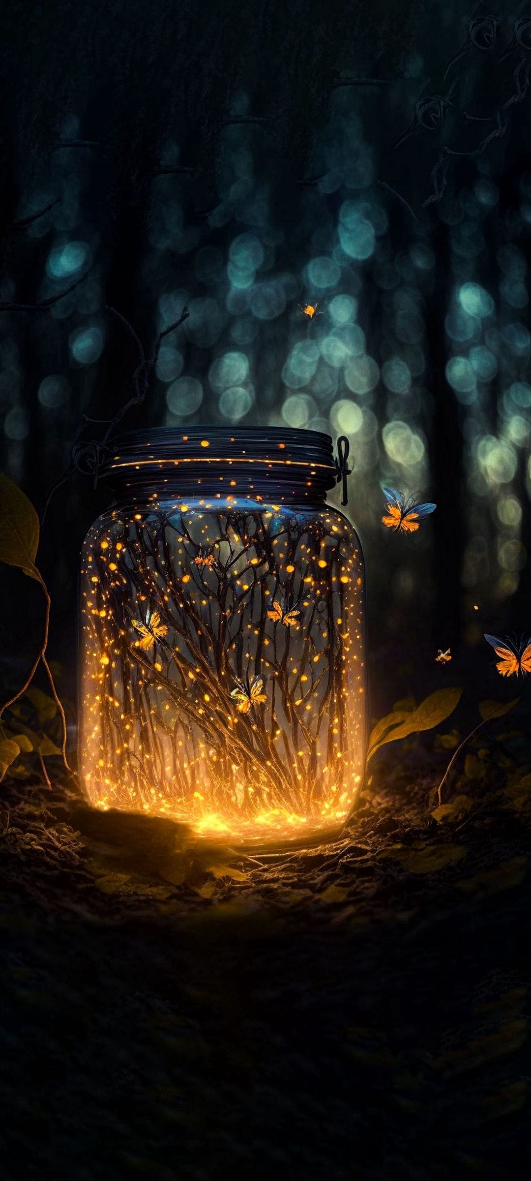 Glowing glass jar filled with fireflies sits among dark forest branches under soft, magical bokeh lights.