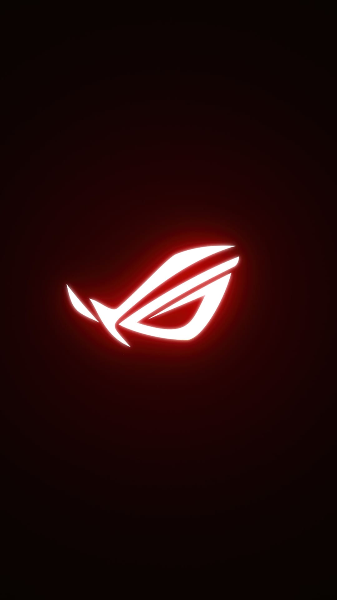 White ROG eye logo glowing with a soft red aura on a dark burgundy background, centered for vertical screens.