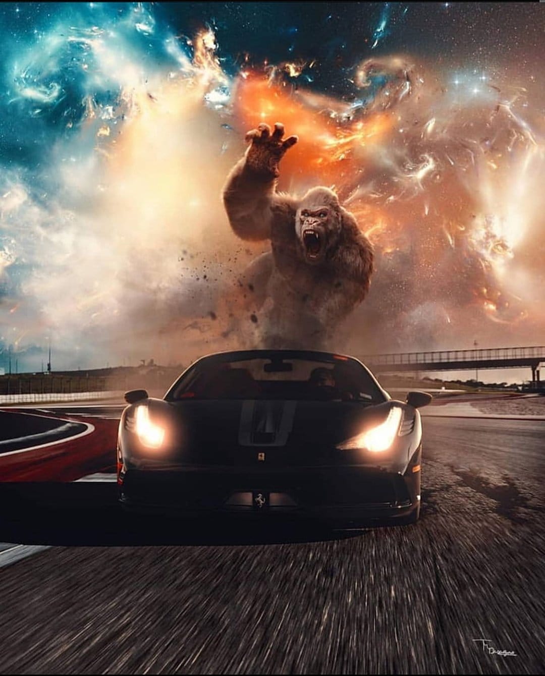 Giant gorilla reaching toward a black Ferrari racing across a glowing track through a purple nebula in space.