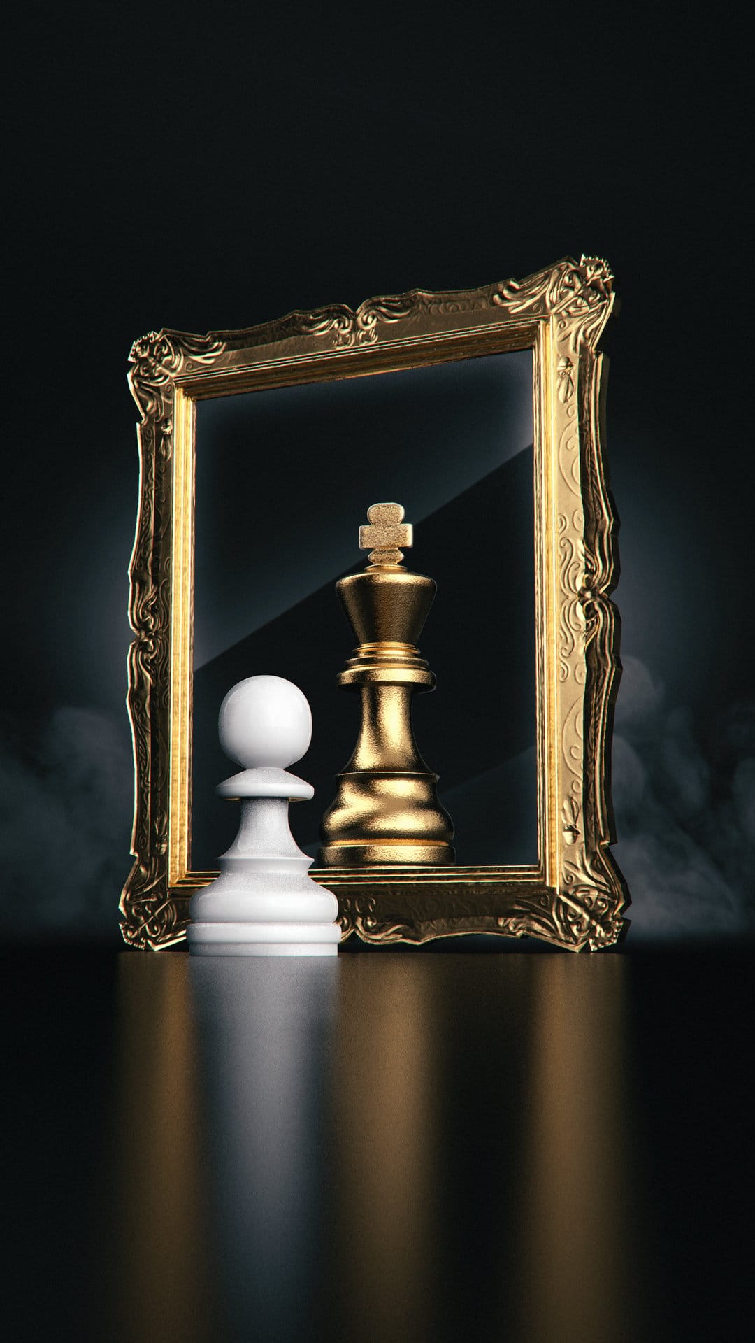 Golden king and white pawn rest inside a carved gilded frame with thin smoke trails over a reflective floor.