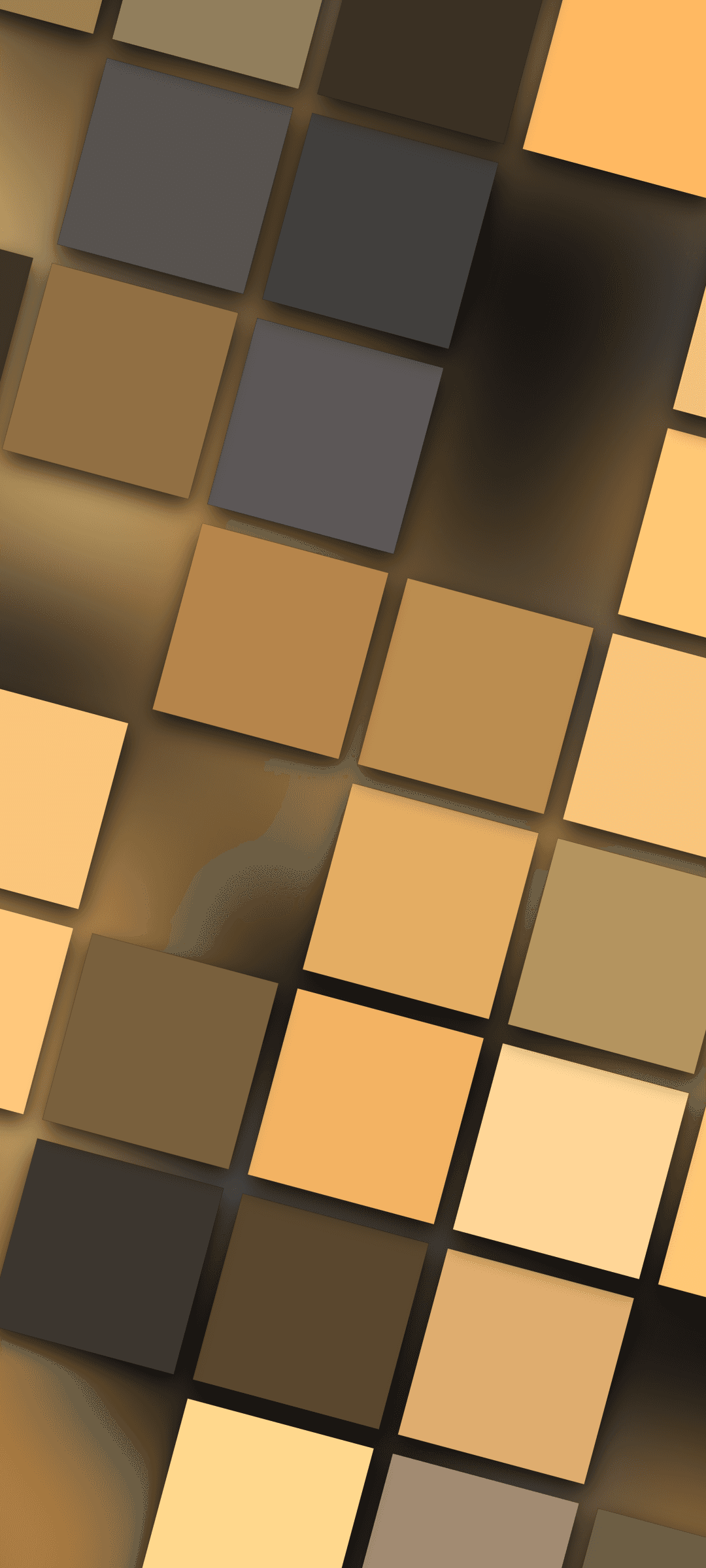 Tilted diamond shapes in shades of amber and ochre with soft shadows over a textured dark gold background.