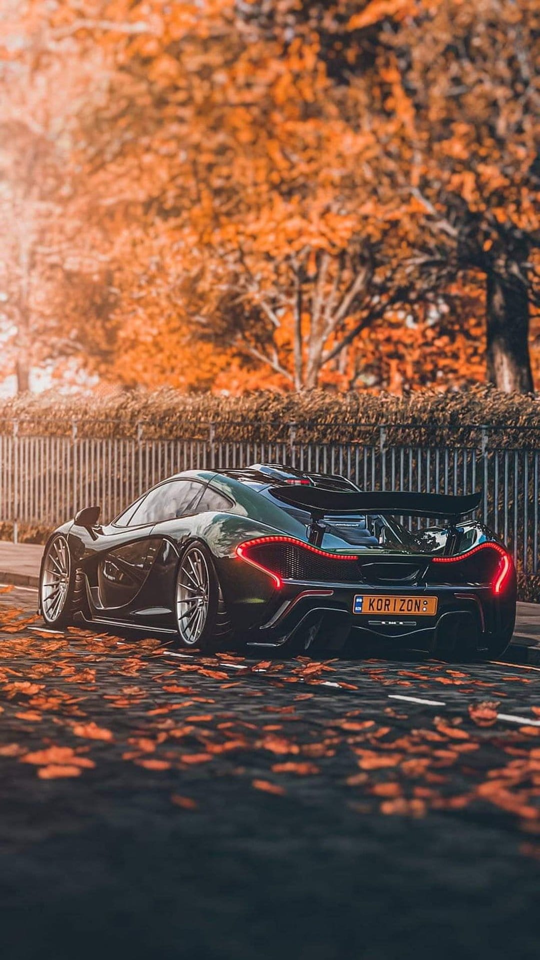 Dark green McLaren P1 supercar parked on an asphalt road covered in orange autumn leaves with glowing taillights.