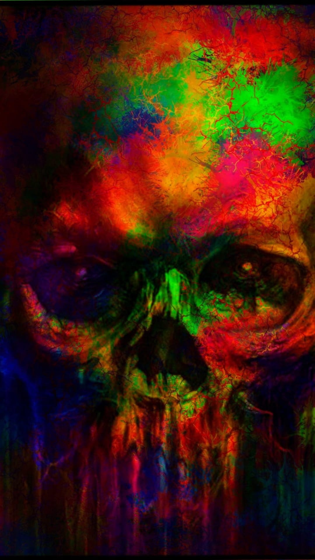 Human skull dissolving into neon green, red, and violet liquid drips against a dark, textured background.