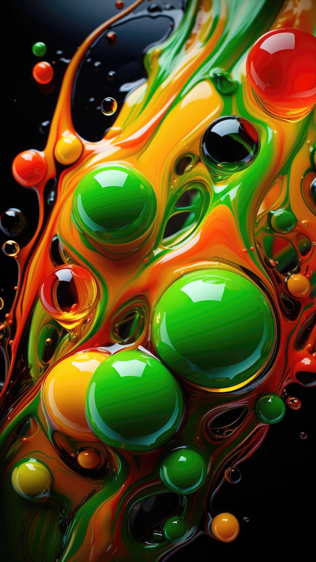 Red, green, and yellow liquid droplets swirl and merge against a dark background with glossy surface reflections.