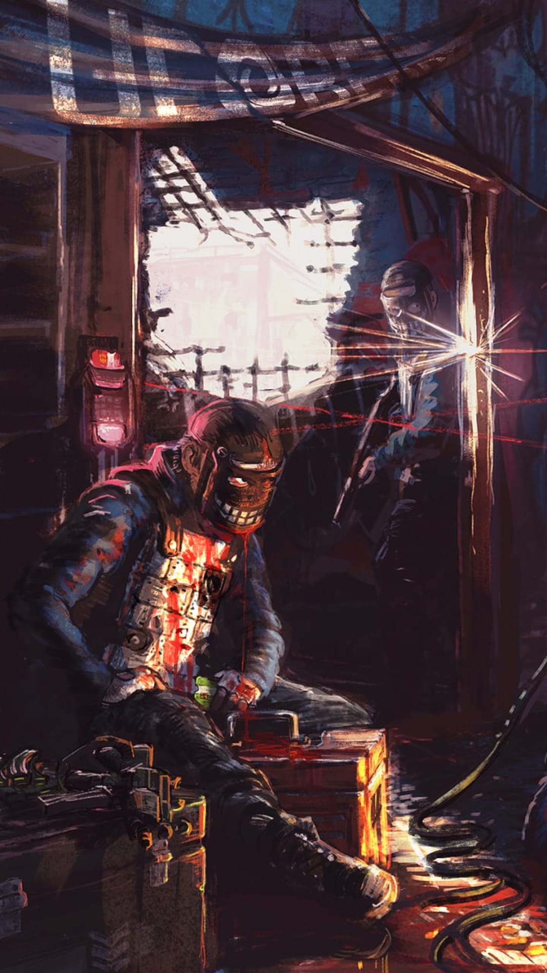 Wounded soldier wearing a tactical mask and blood-stained gear sits among rifles with welding sparks behind him.