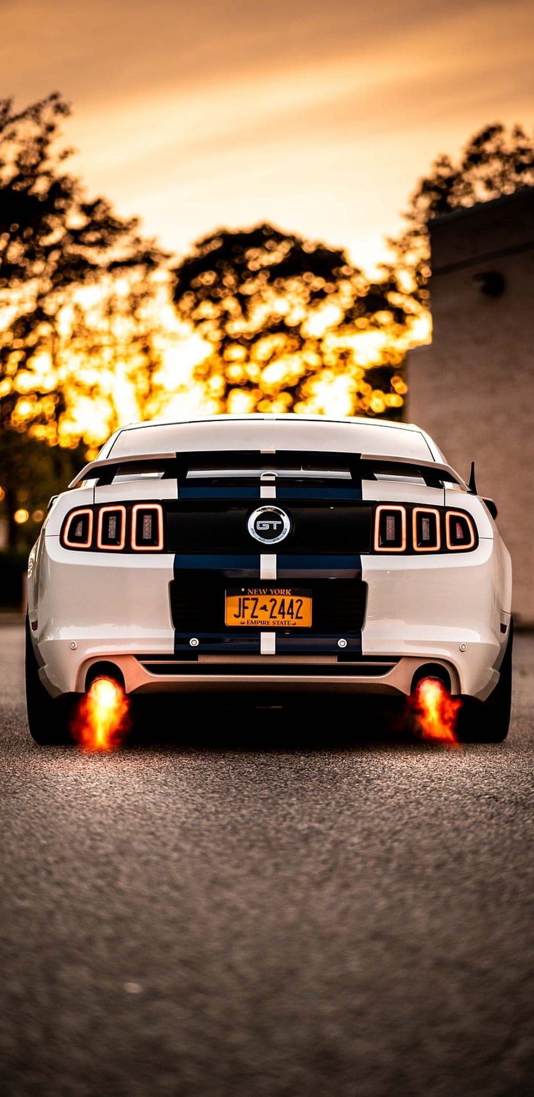 White Ford Mustang GT with blue stripes emitting orange exhaust flames against a golden sunset sky and trees.