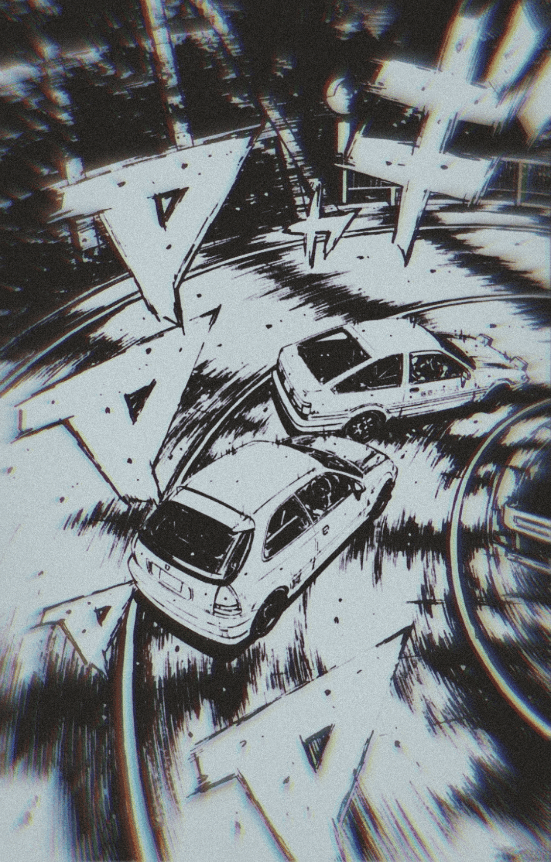 Racing cars drift on a winding road with heavy black speed lines and graphic motion effects in monochrome.