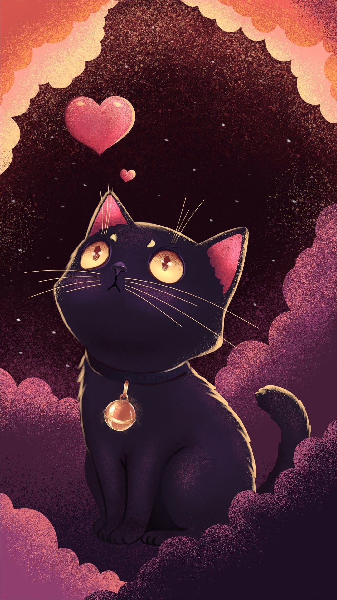 Black cat with yellow eyes sits among pink clouds under a starry sky with two floating hearts and a gold bell.