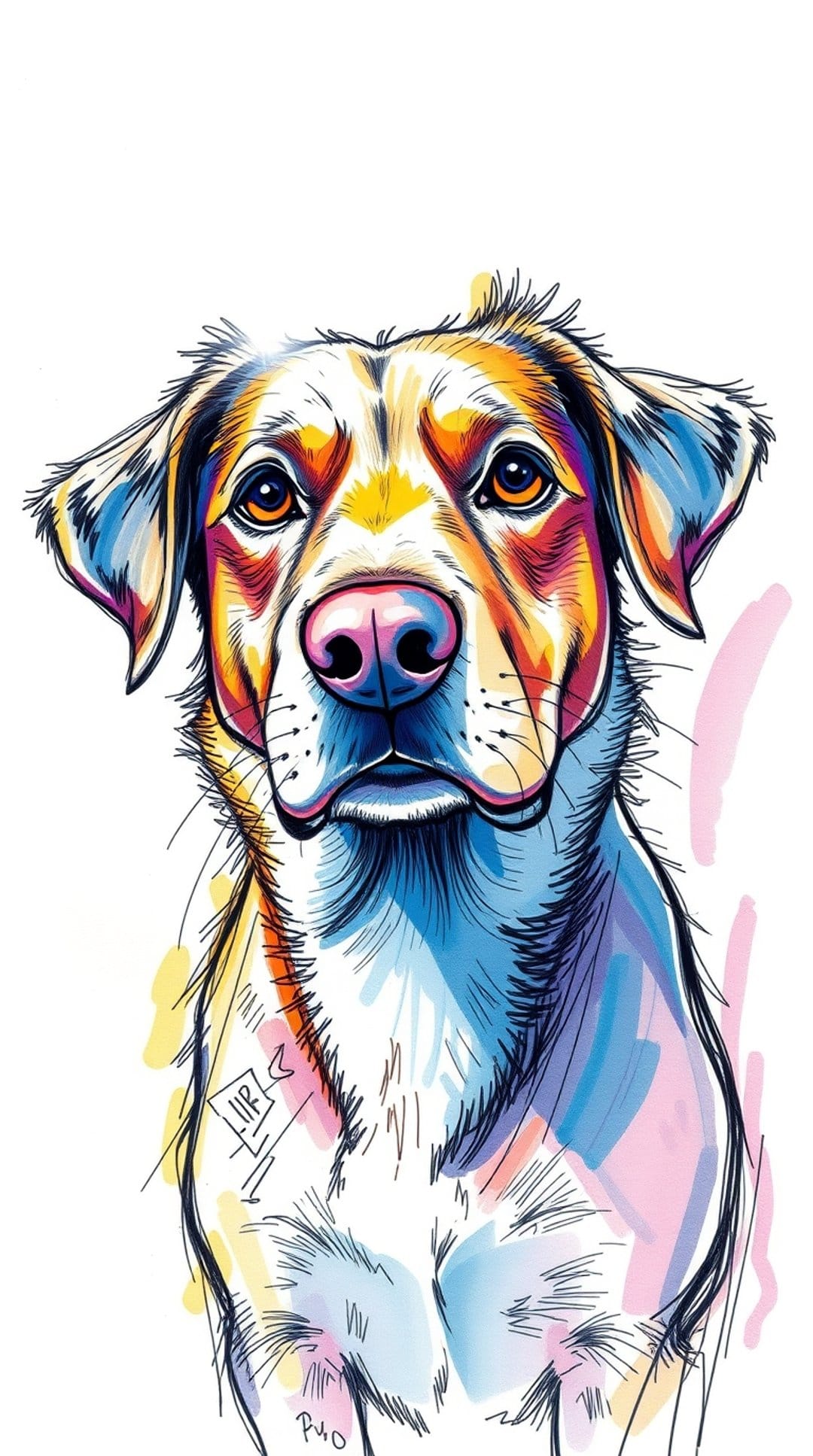 Dog face with expressive eyes and multicolored paint splashes in vivid blue, crimson, and amber tones.