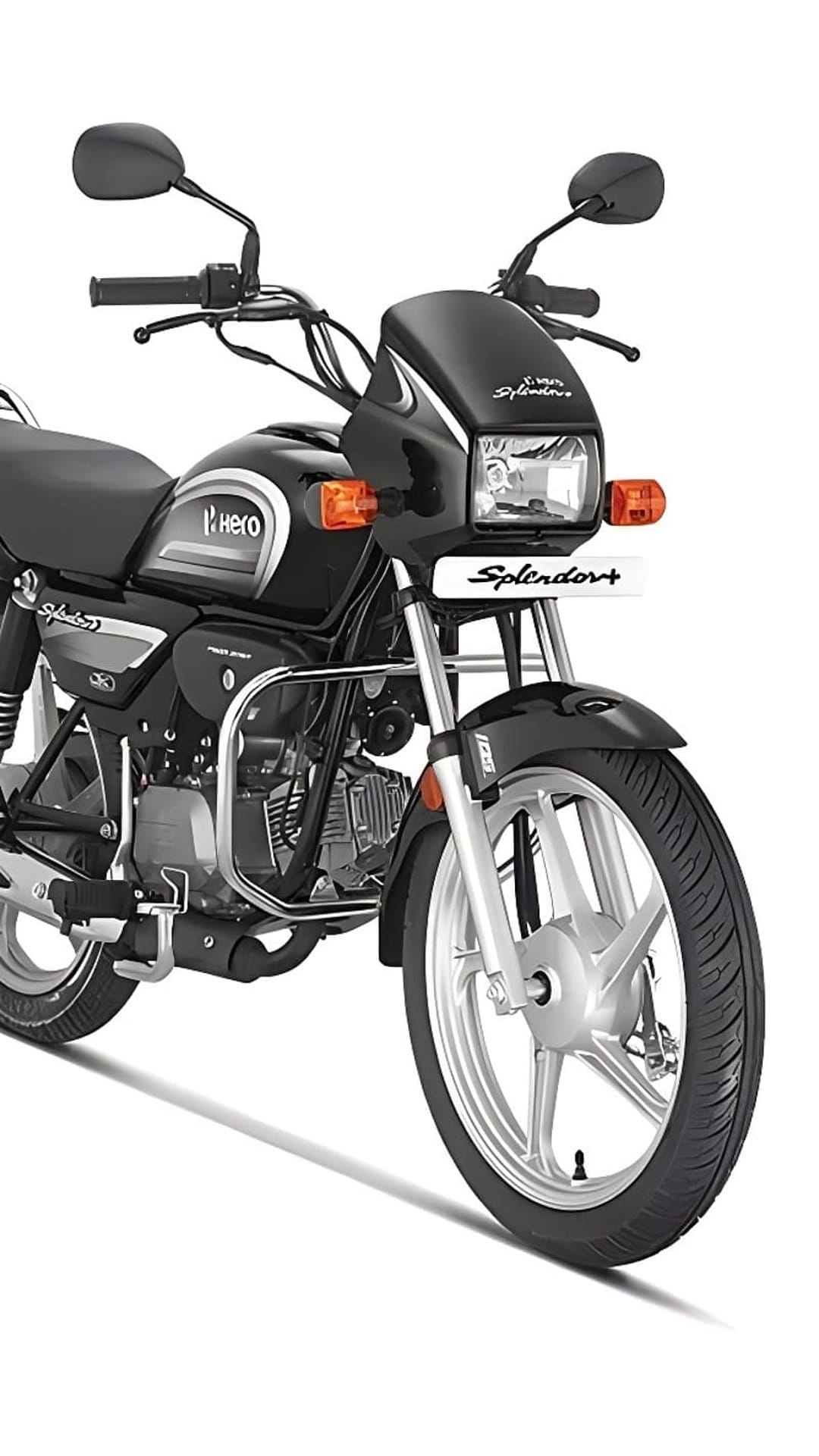 Hero Splendor Plus motorcycle in black with chrome accents, front view showing headlight and handlebars on white.