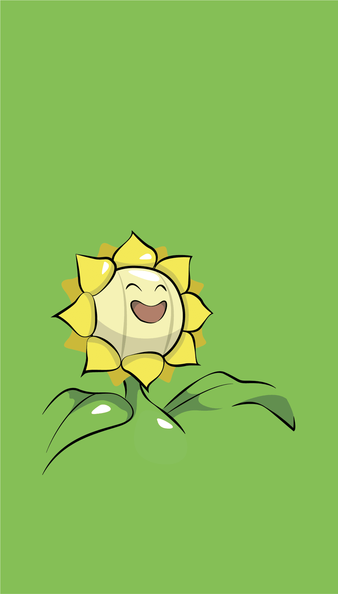 Smiling sunflower with bright yellow petals and large green leaves stands against a solid dark green background.