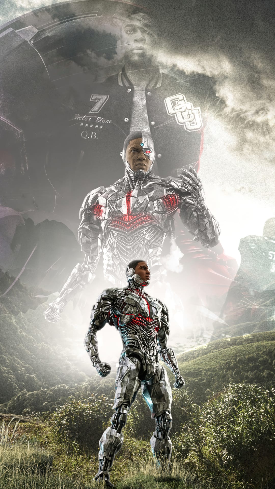 Cyborg in metallic armor stands before a misty mountain range with a ghostly human football player overlay.