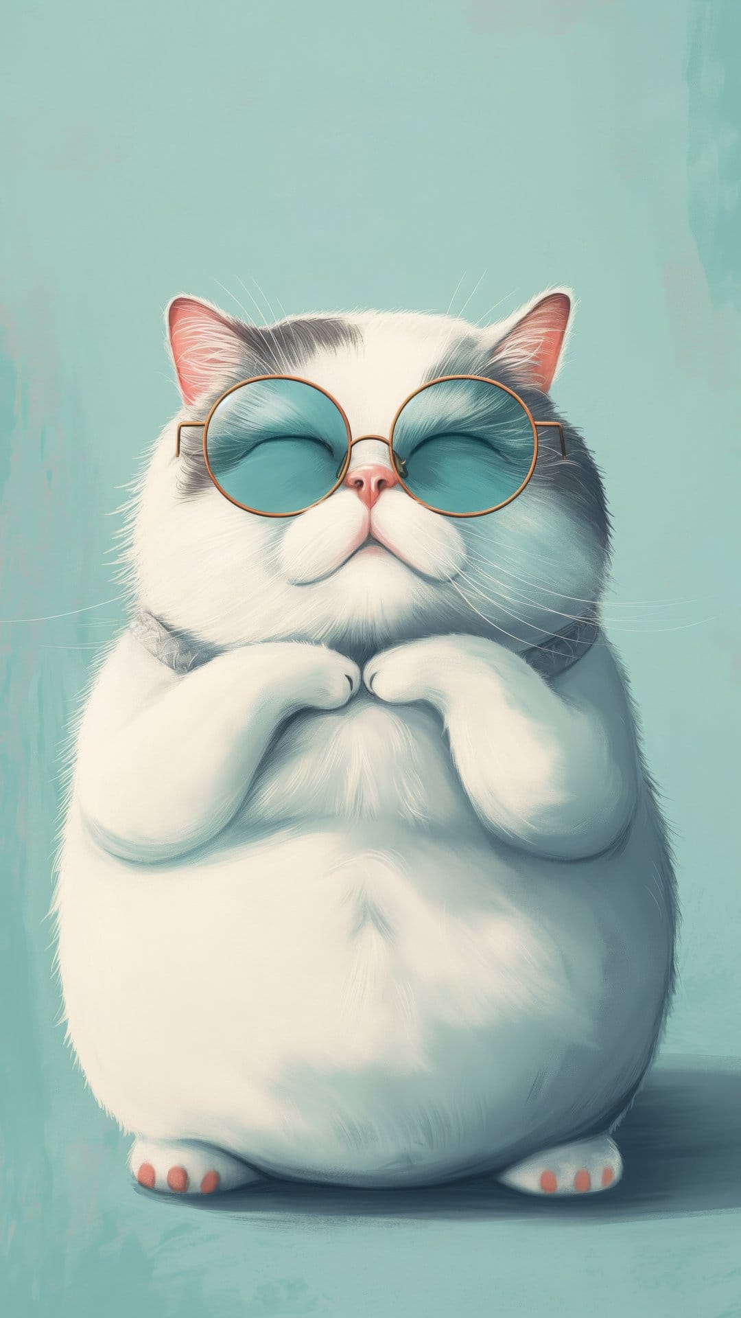Chubby white and grey cat wearing round blue sunglasses with paws clasped together against a soft teal background.