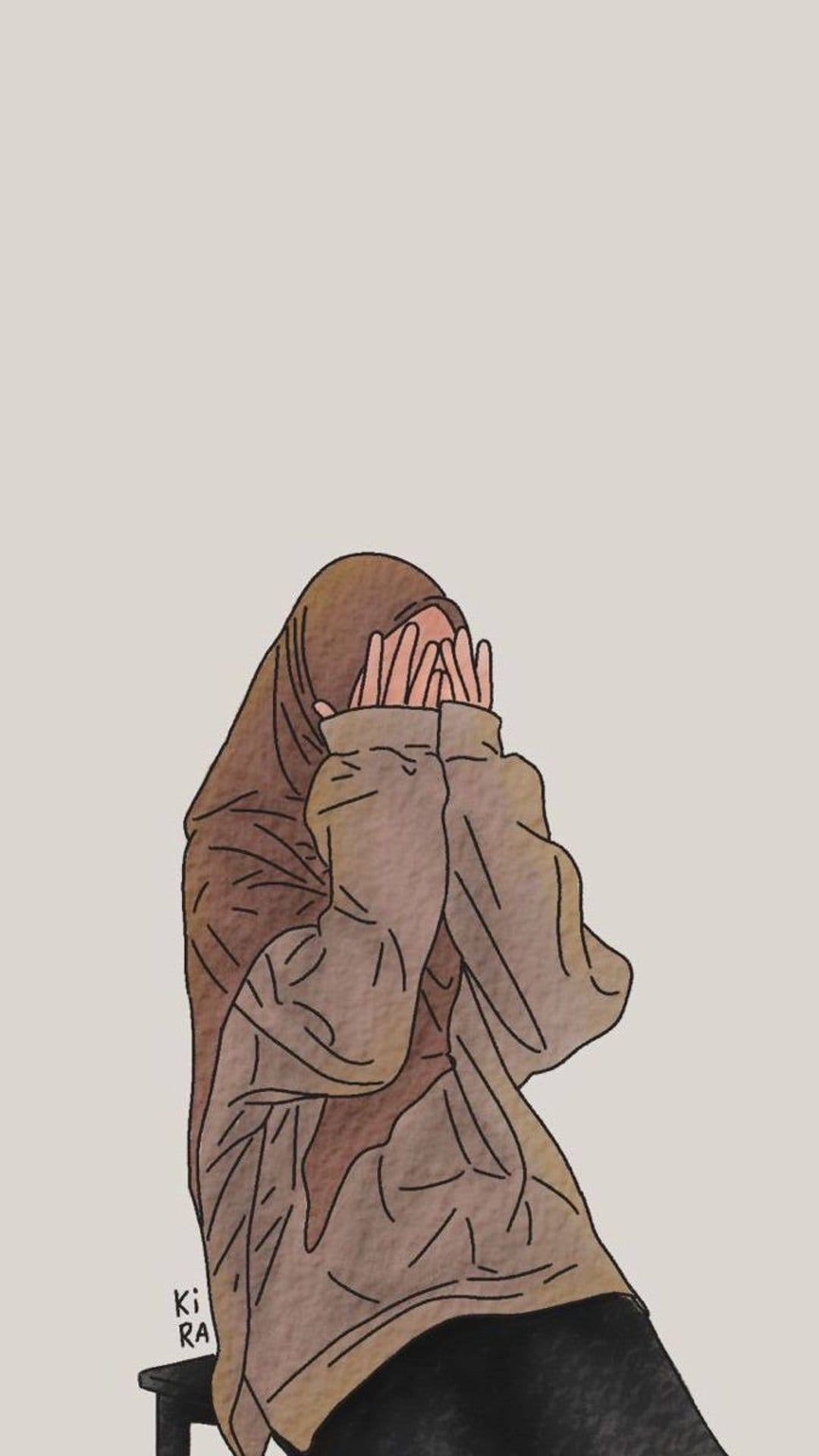 Woman wearing a tan hijab and knit sweater shielding her face with her hands against a plain white background.