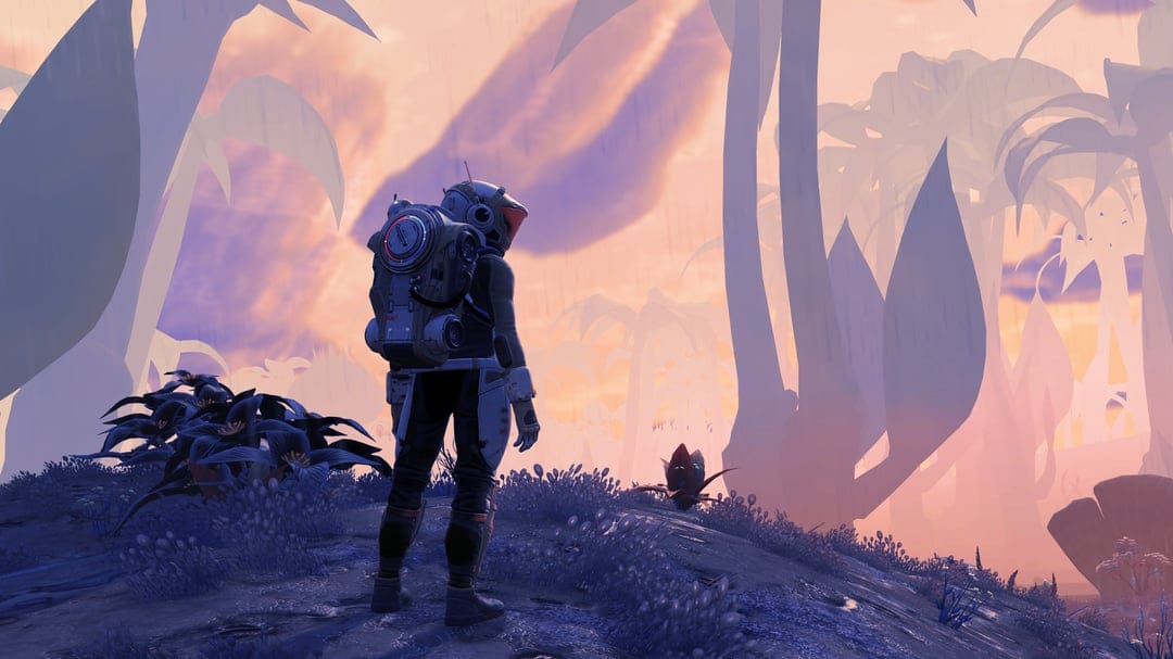 Astronaut on a purple alien world looking through giant translucent flora at a glowing orange and pink sunset.