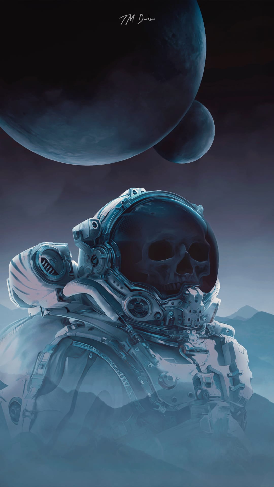 Skeleton head inside an astronaut helmet against a dark mountain landscape with two large planets in the sky.