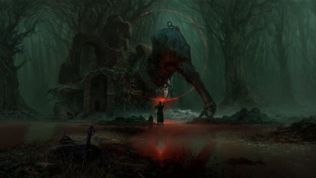 Knight with glowing red staff faces a giant metal plague mask in a dark misty swamp forest landscape.