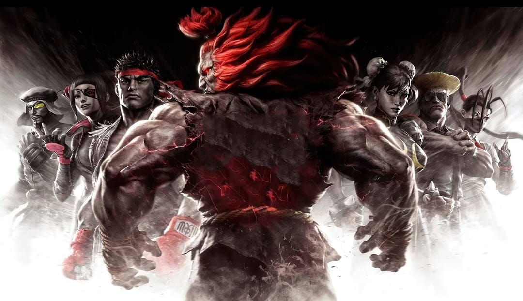 Akuma stands with his back turned amidst Ryu and Chun-Li in a high-contrast red and gray gaming scene.