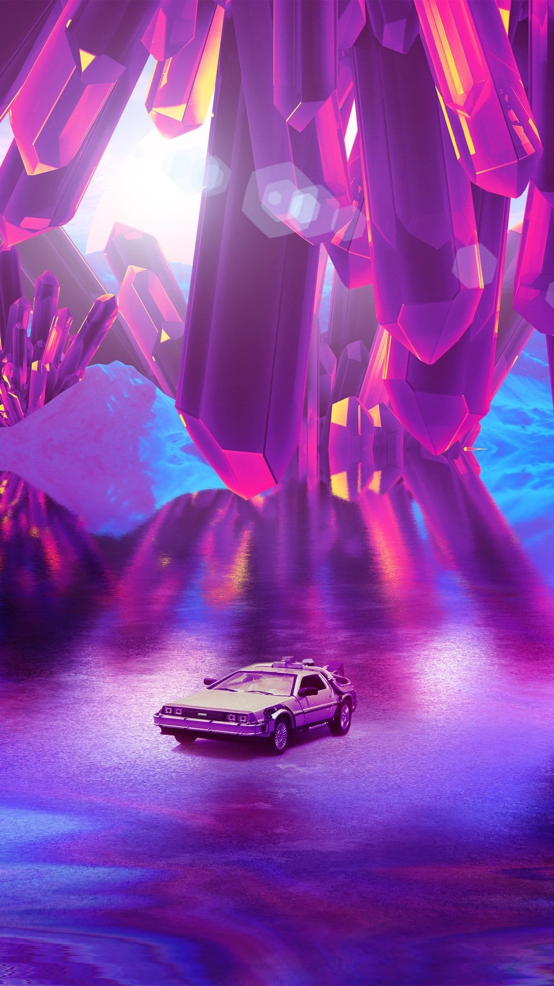 DeLorean car traveling over wet ground between massive glowing violet crystals inside a dark cavern.