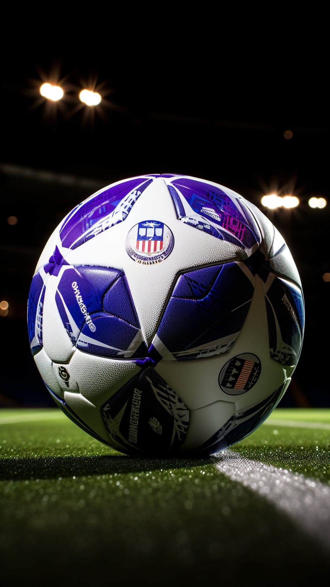 Futuristic soccer ball with purple panels rests on green turf illuminated by bright stadium lights at night.