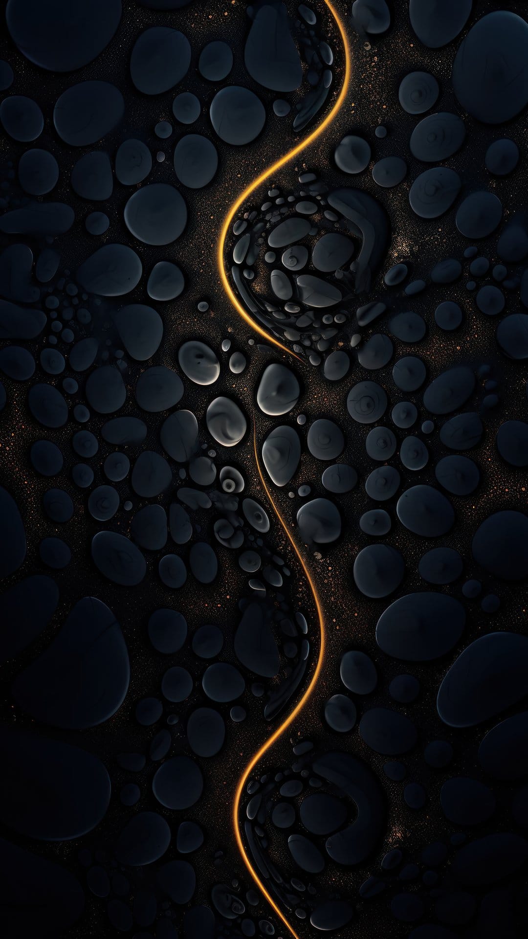Glowing amber arc weaves through charcoal basalt stones and shimmering particles on a portrait screen.