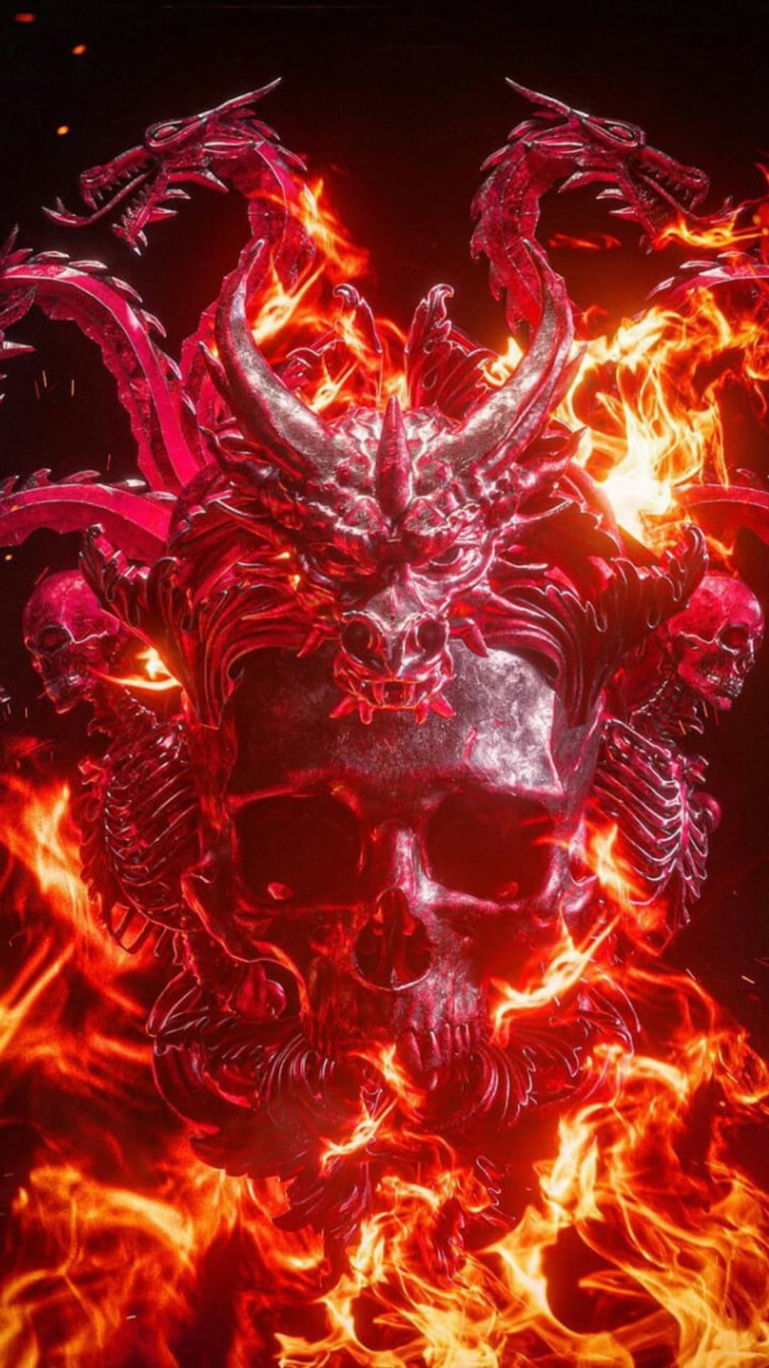 Metallic multi-headed dragon skull surrounded by swirling red flames and glowing embers against a dark background.