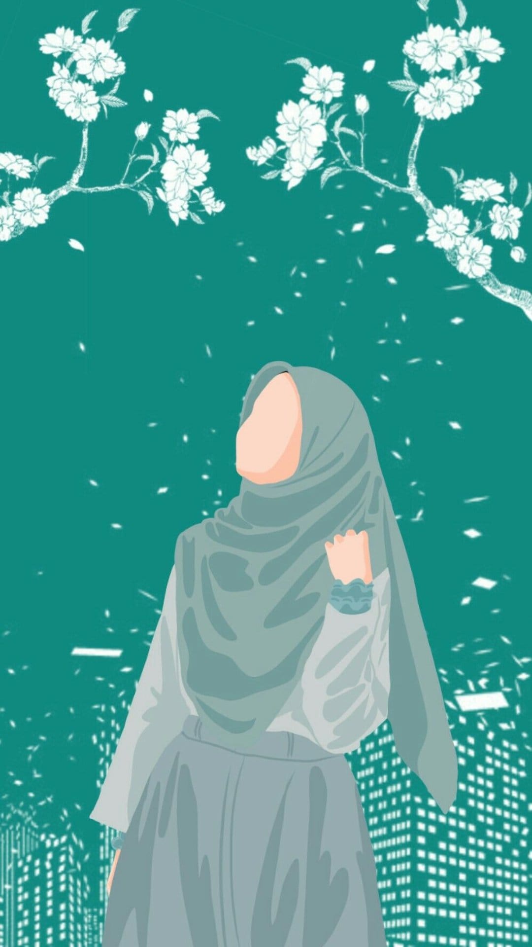 Muslim woman in a headscarf stands among white sakura petals before a glowing metropolitan skyline at dusk.