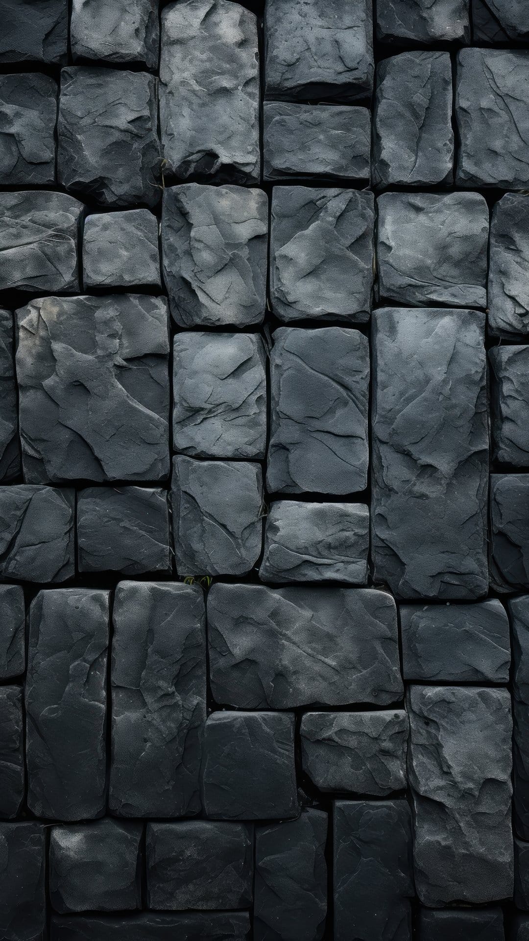 Stacked dark gray slate stones with rough textures and jagged edges form a detailed vertical masonry wall.